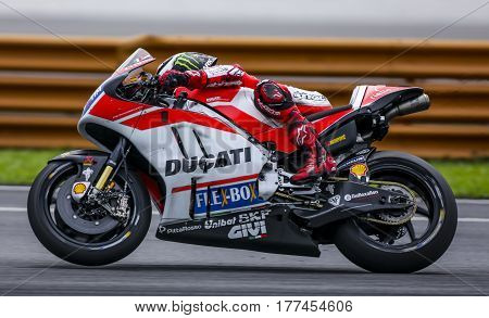 SEPANG MALAYSIA - JANUARY 30 2017 : Ducati Team rider Jorge Lorenzo during 2017 MotoGP pre-season test (Winter Test) at the Sepang International Circuit.