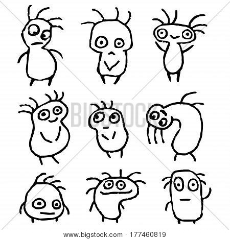 Funny Things in Different Shapes in Black White Colors Vector Illustration. Cartoon Isolated Characters Freehand Digital Drawing Set. Cheerful Collection Creatures for Cute Web Icons and Shirt.