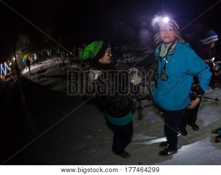 ALMATY, KAZAKHSTAN - 18 FEBRUARY 2017: Night competitions in the foothills of the city of Almaty, in the Trailrunning and Skyship discipline, which is called TunRun winter edition.