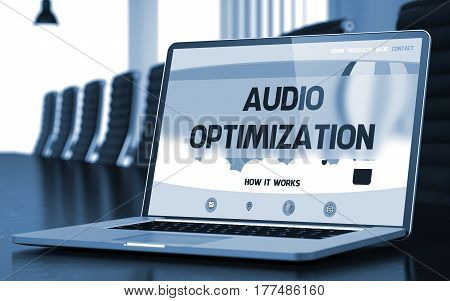 Audio Optimization on Landing Page of Mobile Computer Display in Modern Conference Room Closeup View. Blurred Image with Selective focus. 3D.