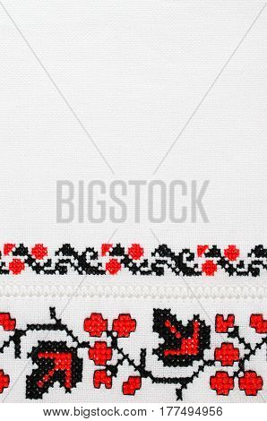Slavic Cross Stitch by Red and Black Threads in the View of Viburnum. Ukrainian Embroidery for Background.