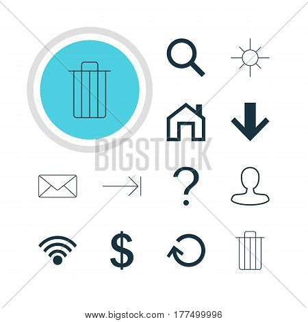 Vector Illustration Of 12 Interface Icons. Editable Pack Of Downward, Mainpage, Sunshine And Other Elements.