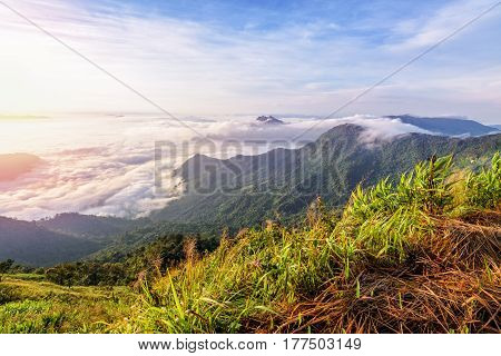 Beautiful landscape nature of sunrise on the clouds from peak mountain with sun mist and bright colors of sky in winter at Phu Chi Fa Forest Park is a famous tourist attraction of Chiang Rai Province Thailand
