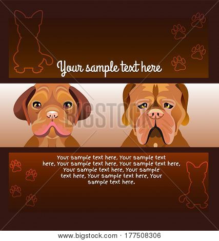 Flyer brochure designs. Set of Two dog looking forward. Dark brown background. Frame design templates. Silhouette of a sitting dog and footprints. Vector.