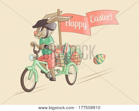 Rabbit driver of Easter eggs. Vector illustration.