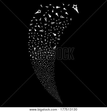Confetti Stars random fireworks stream. Vector illustration style is flat white iconic symbols on a black background. Object fountain created from scattered icons.