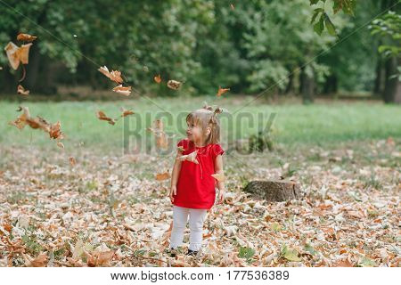 girl in a red dress walking and playing in the summer park