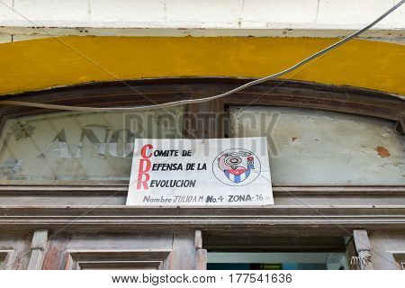 Havana, Cuba - January 7 2017: Revolutionary propaganda CDR sign representing the Committee for the Defense of the Revolution in Havana Cuba.