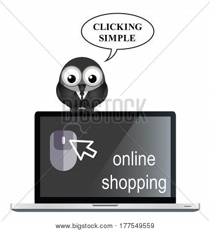 Comical online internet shopping with bird businessman shopper