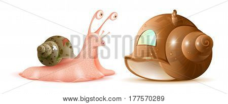 Cartoon snail looks at new shell of house. Buying property. Isolated on white vector illustration