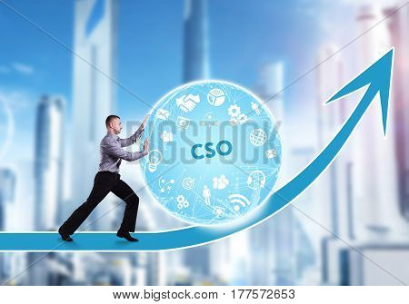 Technology, The Internet, Business And Network Concept. A Young Businessman Overcomes An Obstacle To