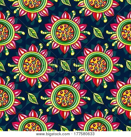 Seamless endless floral pattern with decorative tropical flowers and leaves isolated on dark background. Can be used as wallpaper or wrapping paper. Vector illustration.
