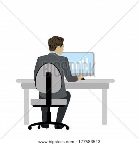 Businessman or office worker  sitting at a desk and working on the computer, back view. Workplace.Cartoon stock vector illustration.