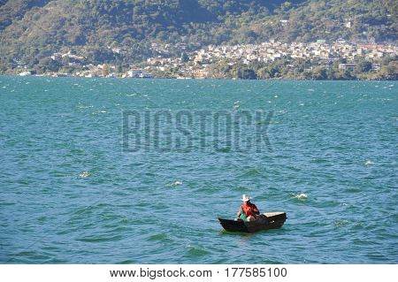 Fisherman With His Canoe On Lake Atitlan