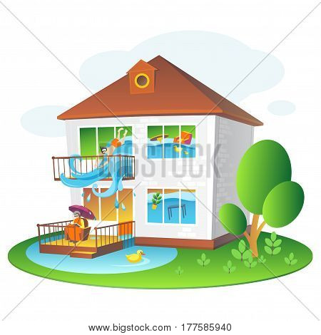 Illustration with flooded home for companies insuring the property
Colorful illustration for design projects: websites, banners, leaflets, posters and cards.