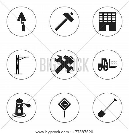 Set Of 9 Editable Structure Icons. Includes Symbols Such As Hoisting Machine, Hammer, Caution And More. Can Be Used For Web, Mobile, UI And Infographic Design.