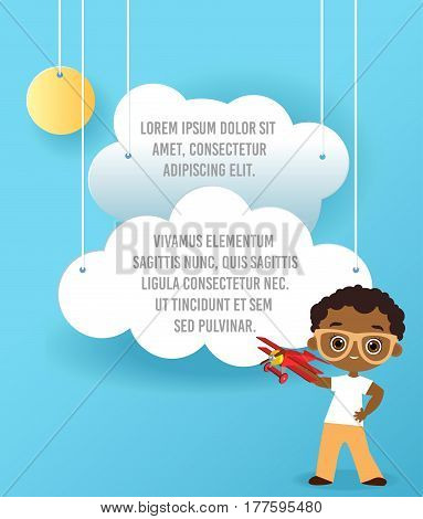 African American boy with glasses and toy plane. Boy playing with airplane. Vector Paper art of cloud and plane in the sky. Template advertising brochure with space for text. Origami concept Banner