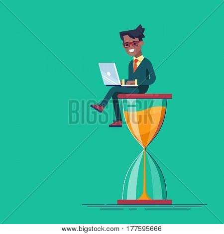 African american businessman sitting on the hourglass with laptop legs crossed. Business concept of time management and procrastination. Vector illustration.