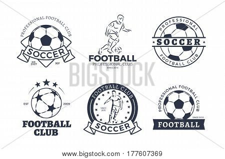 Set of football club graphic icons flat design on white background. Black and whitey hand drawn patterns with round ball or soccer player. Vector illustration in cartoon style of sport team game logos