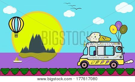 vector art with ice cream lolly van,big sun,hot air balloon,clouds,boat,island,mountains,birds,island and  ocean.