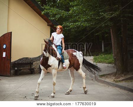 Portrait of happy young woman riding on a beautiful horse