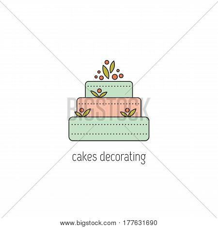 Cakes decorating vector thin line icon. A big cake. Colored isolated symbol. Logo template, element for business card or workshop announcement. Simple mono linear modern design.
