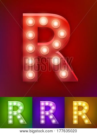Vector illustration of realistic old lamp alphabet for light board. Red Gold and pink options. Vintage vegas show typography. Letter R