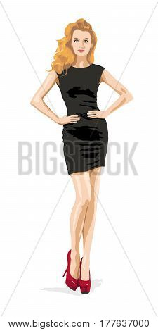 Full Length Illustration of a Sexy Blonde Woman in Little Black Fashion Dress with Hands on Hips. Beautiful Female Model. Elegant Girl.