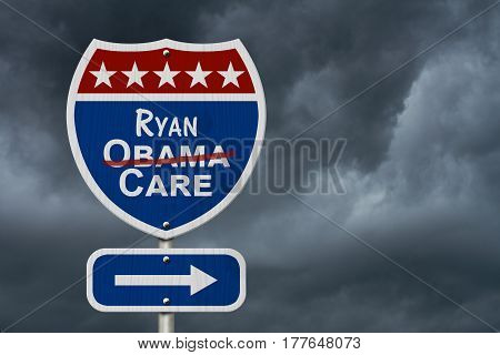 Repealing and replacing Obama Care healthcare insurance Red white and blue interstate highway road sign with words Ryan Care with stormy sky background 3D Illustration