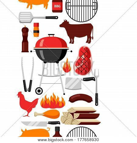 Bbq seamless pattern with grill objects and icons.