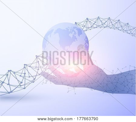Shiny blue technology vector background with hand holding earth and technology sprial. EPS10