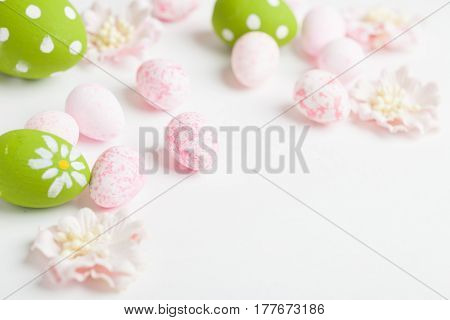 Pink Easter eggs on light background. Studio shot