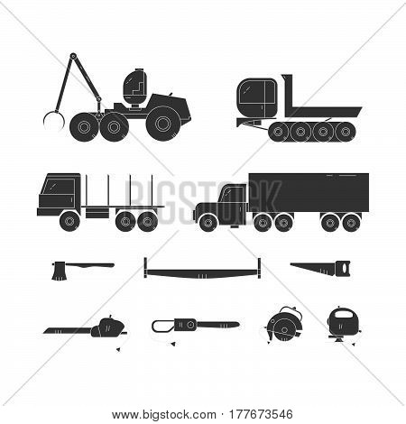 Forest industry black line icon set. Woodworking isolated vector elements. Forest harvester truck dumper truck trailer and tools. Wood transportation equipment.