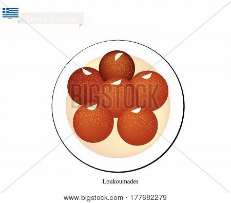 Greek Cuisine Loukoumades or Traditional Dessert Balls Topping with Syrup and Almond. One of Most Popular Desserts in Greece.