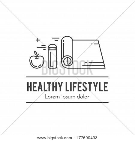 Design concept with thin line icons of healthy living lifestyle, food and fitness training elements. Outline logo template isolated on white background.