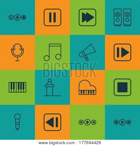 Set Of 16 Multimedia Icons. Includes Sound Box, Following Song, Octave And Other Symbols. Beautiful Design Elements.