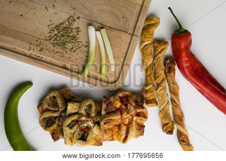 Traditional Syrian pastries food or pies with thyme or vegetables for lunch or breakfast. homemade oriental baked dishes.