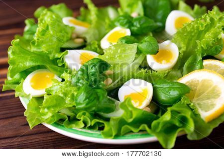 Letucce, Cucumber, Spinach, Basil And Quail Eggs Salad