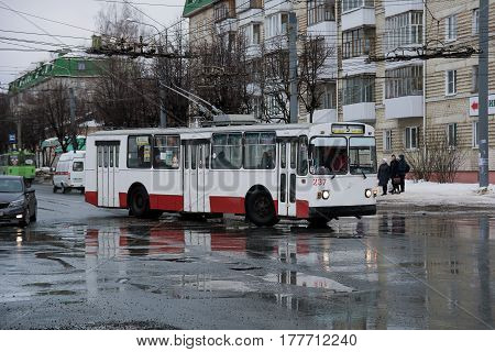 Yoshkar-Ola, Russia - February 25 2017 Photo ZiU-682 is a Soviet Russian high-floor trolley bus of large capacity for intraurban passenger traffic.