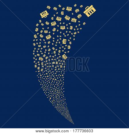 Analysis random fireworks stream. Vector illustration style is flat yellow iconic symbols on a blue background. Object fountain constructed from scattered design elements.