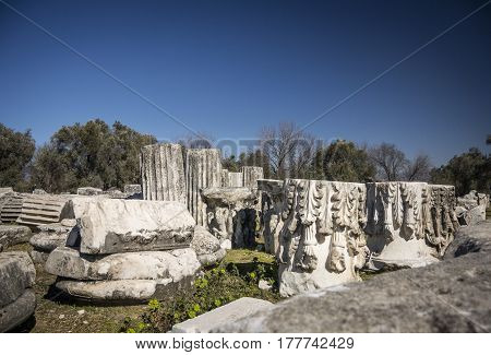 Decoratively carved marble columns in Lagina Ancient City Yatagan Mugla Turkey