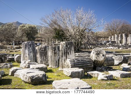 Ancient columns in Lagina Ancient City Yatagan Mugla Turkey