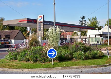 Verneuil sur Seine; France - october 16 2016 : roundabout and gas station in the city center