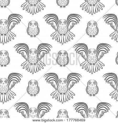 Seamless pattern with both flying and sitting owl in geometric order. Stock vector illustration of a bird for textile fabric wallpaper.