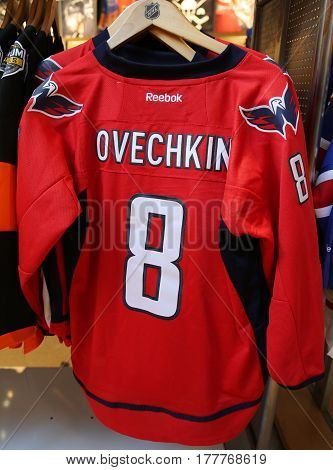 NEW YORK - MARCH 16, 2017: Alexander Ovechkin Washington Capitals Reebok jersey on display at NHL store in Midtown Manhattan.