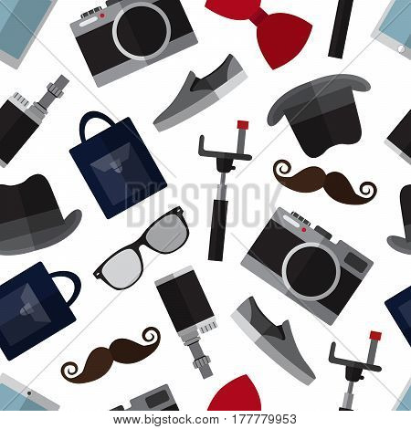 Seamless pattern background with simple hipster accessory flat icons on white background vector illustration