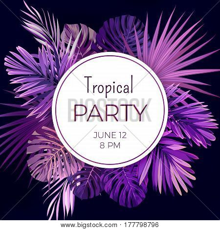Purple neon floral banner template for summer beach party. Tropical flyer with exotic palm leaves and plants. Vector illustration.