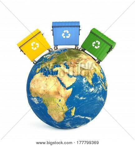 Three dumpster located on the planet. The concept of cleansing the environment. 3D illustration