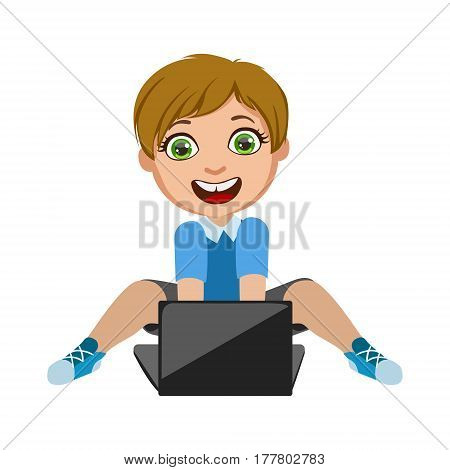 Boy Playing Video Games On Lap Top, Part Of Kids And Modern Gadgets Series Of Vector Illustrations. Smiling Kid Addicted To Electronic Devices, Active Internet Technologies User.