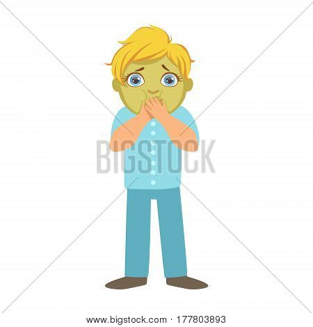 Nauseous Boy With Green Face, Sick Kid Feeling Unwell Because Of The Sickness, Part Of Children And Health Problems Series Of Illustrations. Young Teenager Ill Cute Cartoon Character With Illness Symptoms.
